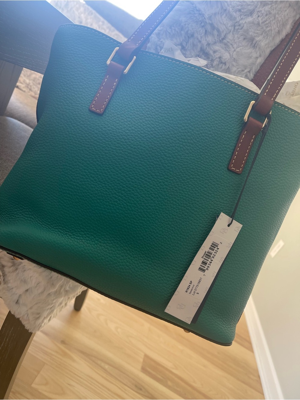 Dooney & Bourke Teal Pebbled Leather Tote with Brown Trim and Gold Hardware - Picture 4 of 4
